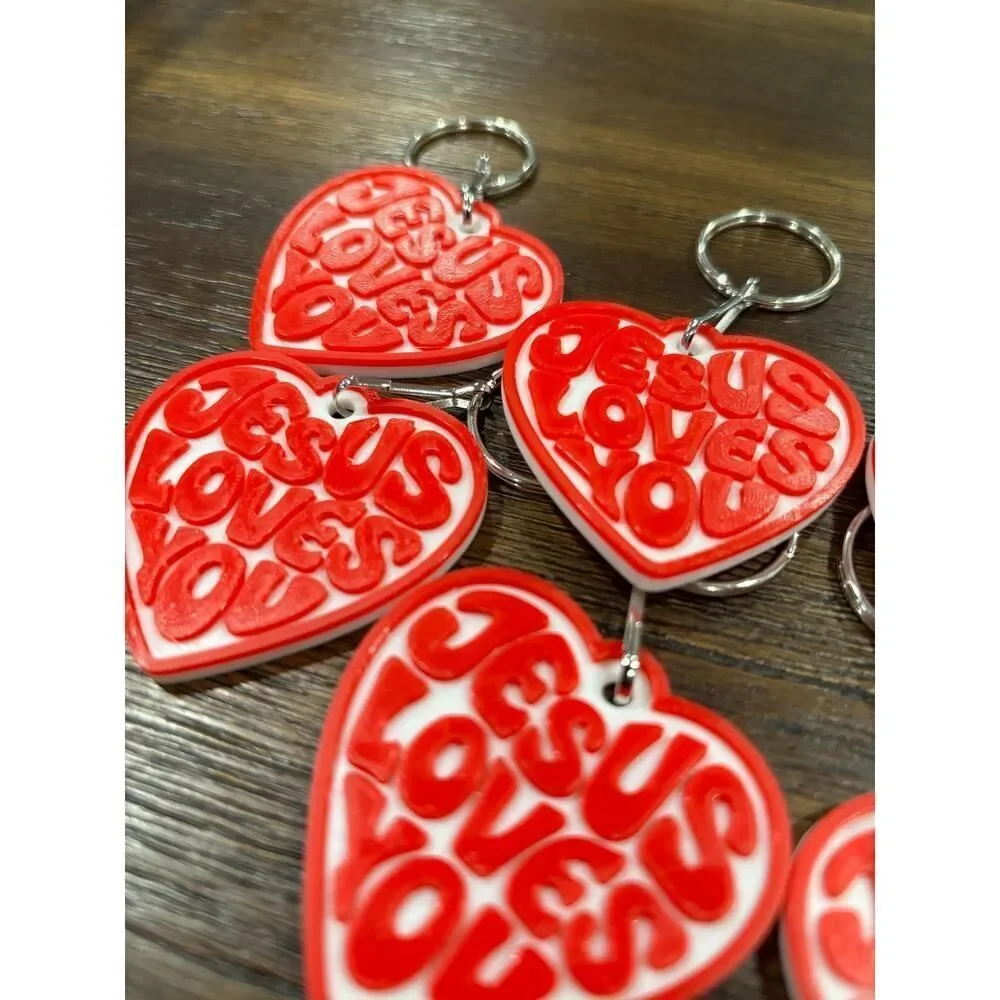 Jesus Loves You Heart Keychain | Red White Retro Christian Faith Gift (10 Pack)